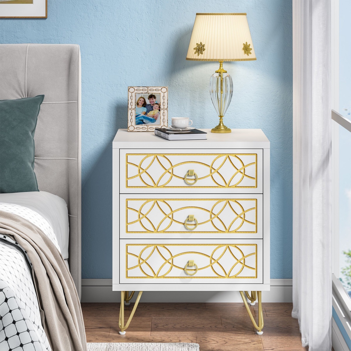 Nightstand, Modern Bedside Table Sofa End Table with 3 Drawers - Image 5