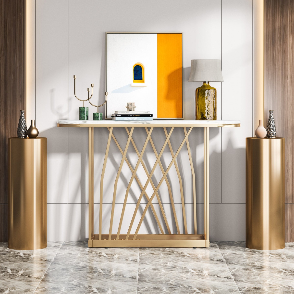 Console Table, 43? Modern Sofa Couch Table with Faux Marble - Image 5