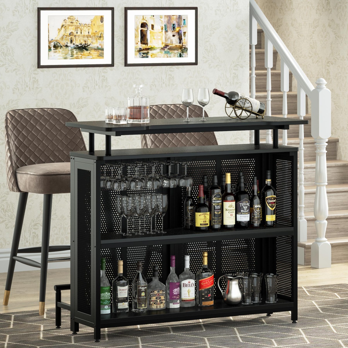 Bar Unit, 3 Tier Liquor Home Bar Table with Stemware Racks - Image 5