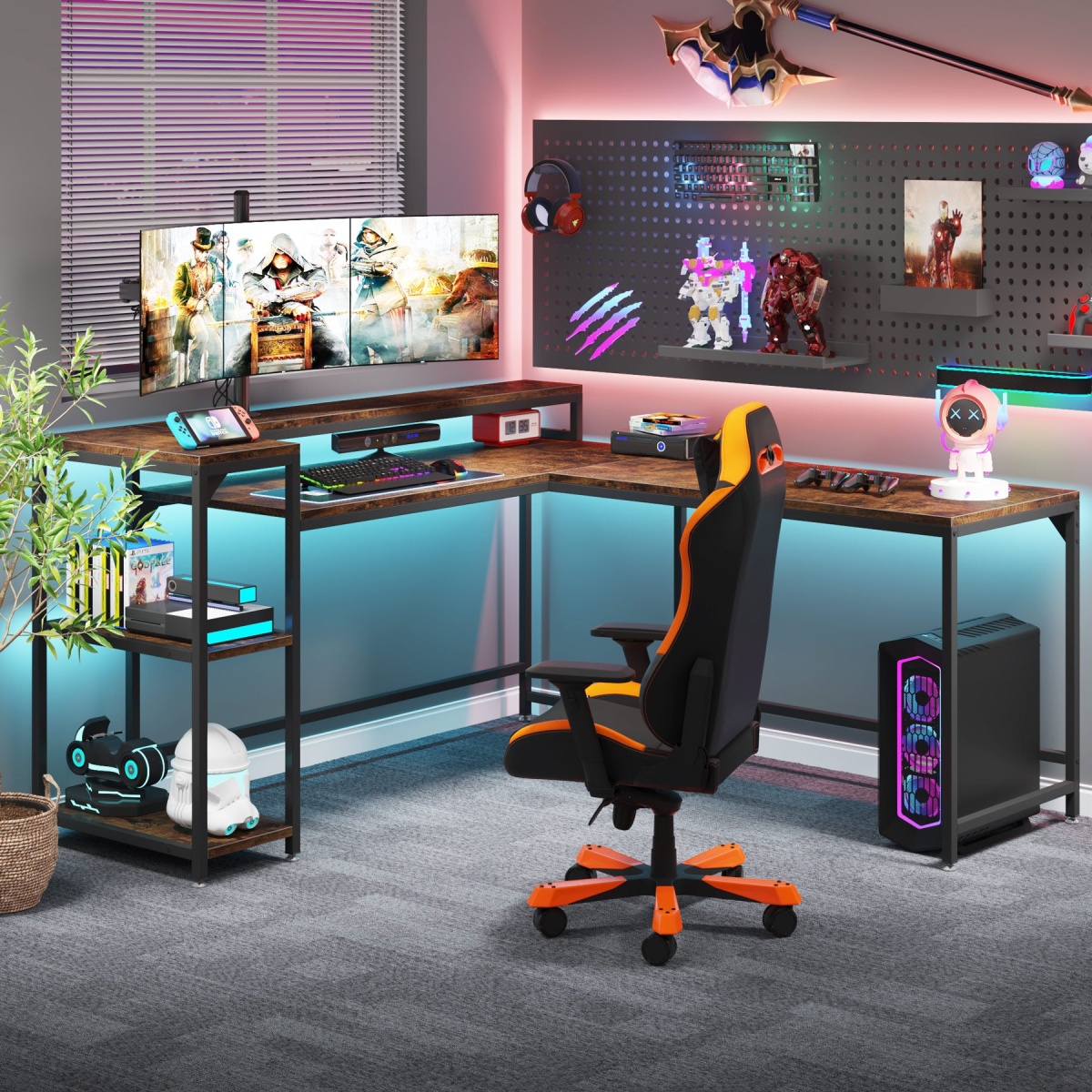 L-Shaped Desk, Corner Computer Desk with Monitor Stand & Shelves - Image 6