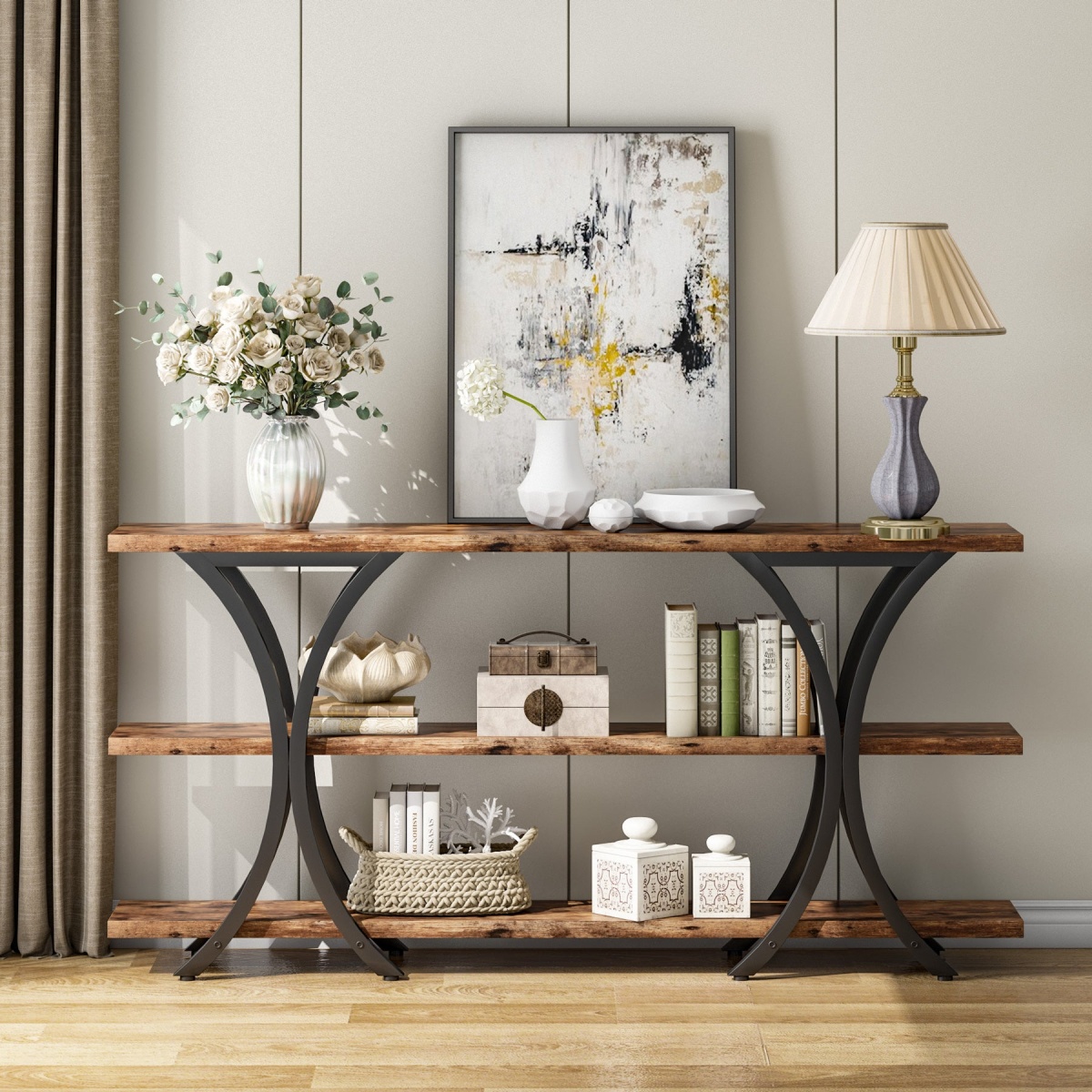 Console Table, Industrial Entryway Sofa Table with 3-Tier Shelves - Image 1