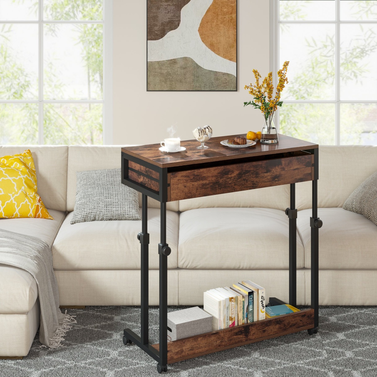 Height Adjustable Desk, Mobile Side Table Portable Desk with Drawers - Image 4