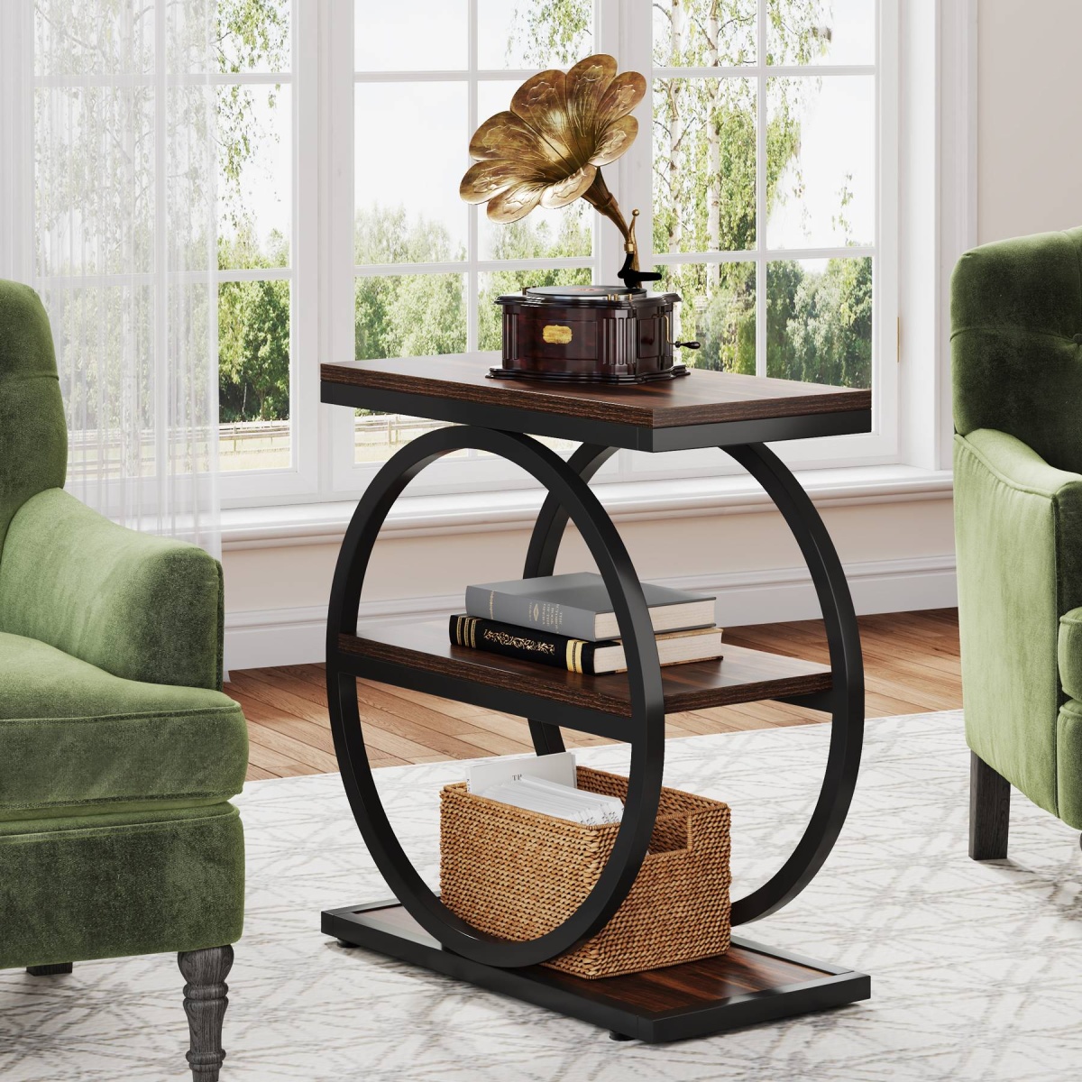 Round End Table, Industrial Side Table with Metal Hollow Frame - Image 76