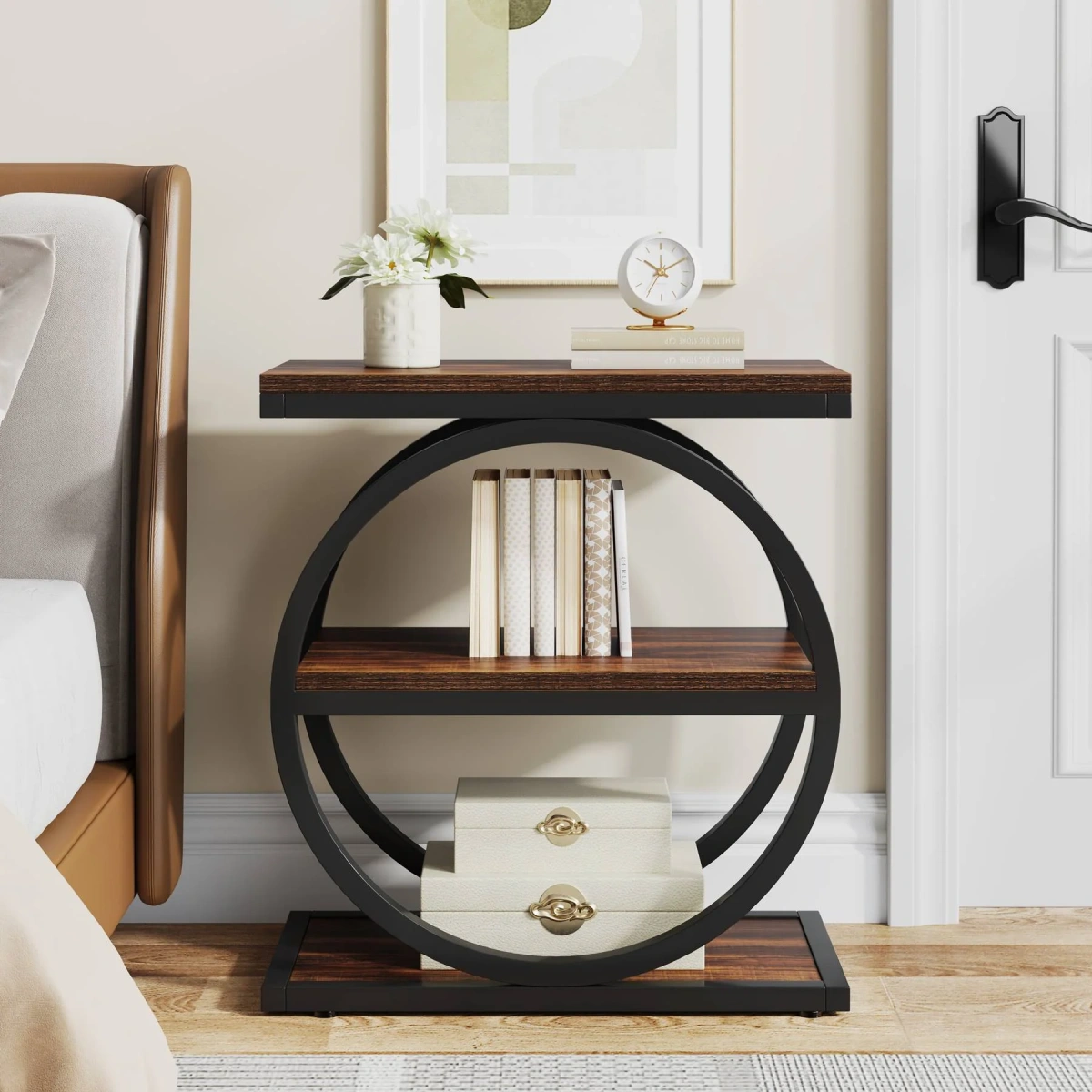 Round End Table, Industrial Side Table with Metal Hollow Frame - Image 78