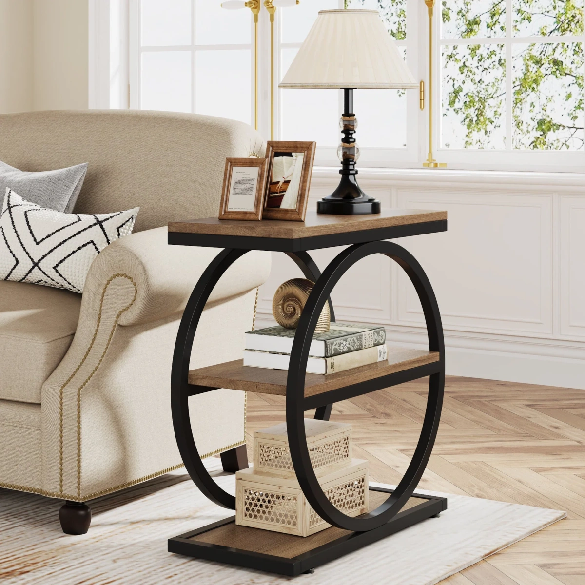 Round End Table, Industrial Side Table with Metal Hollow Frame - Image 79