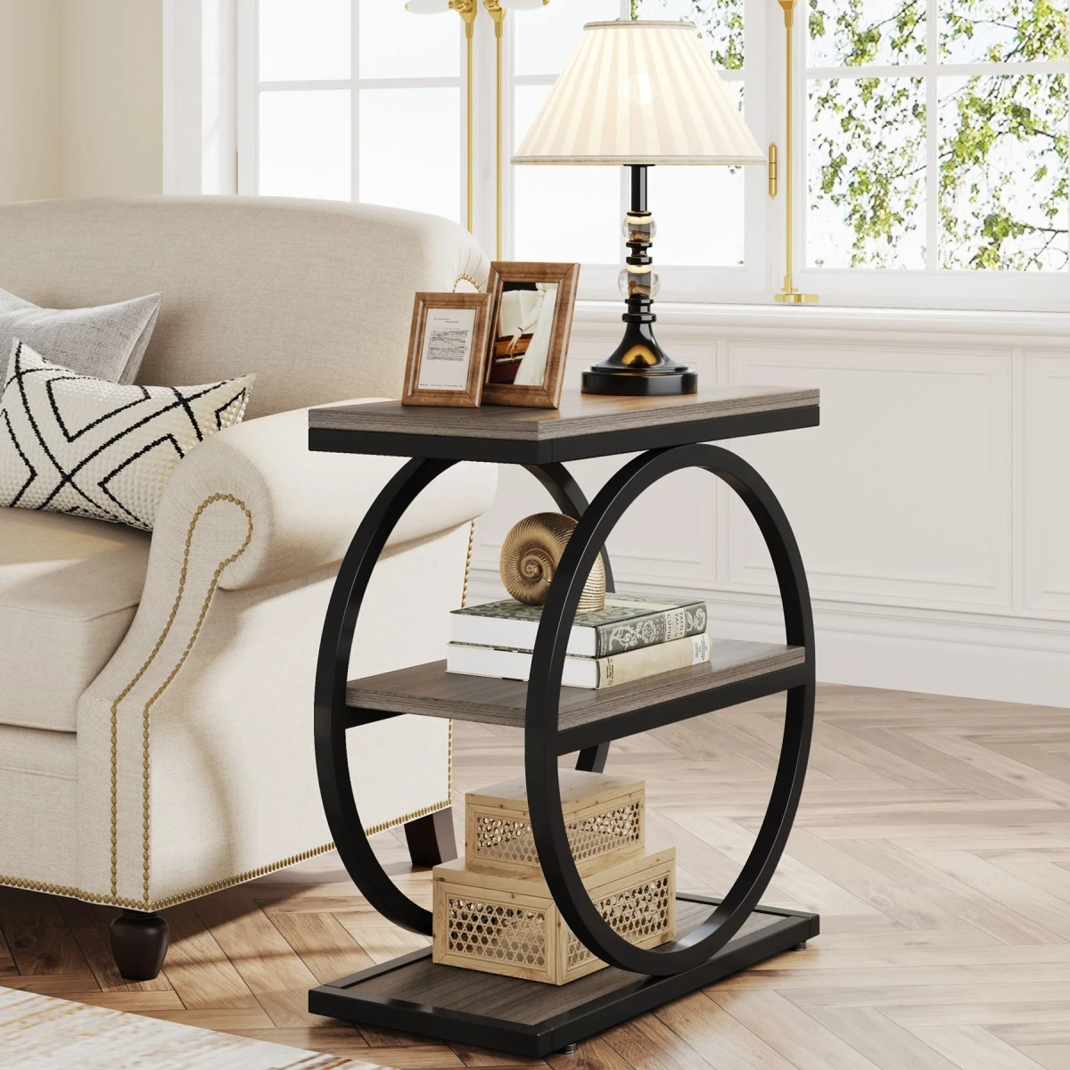 Round End Table, Industrial Side Table with Metal Hollow Frame - Image 75