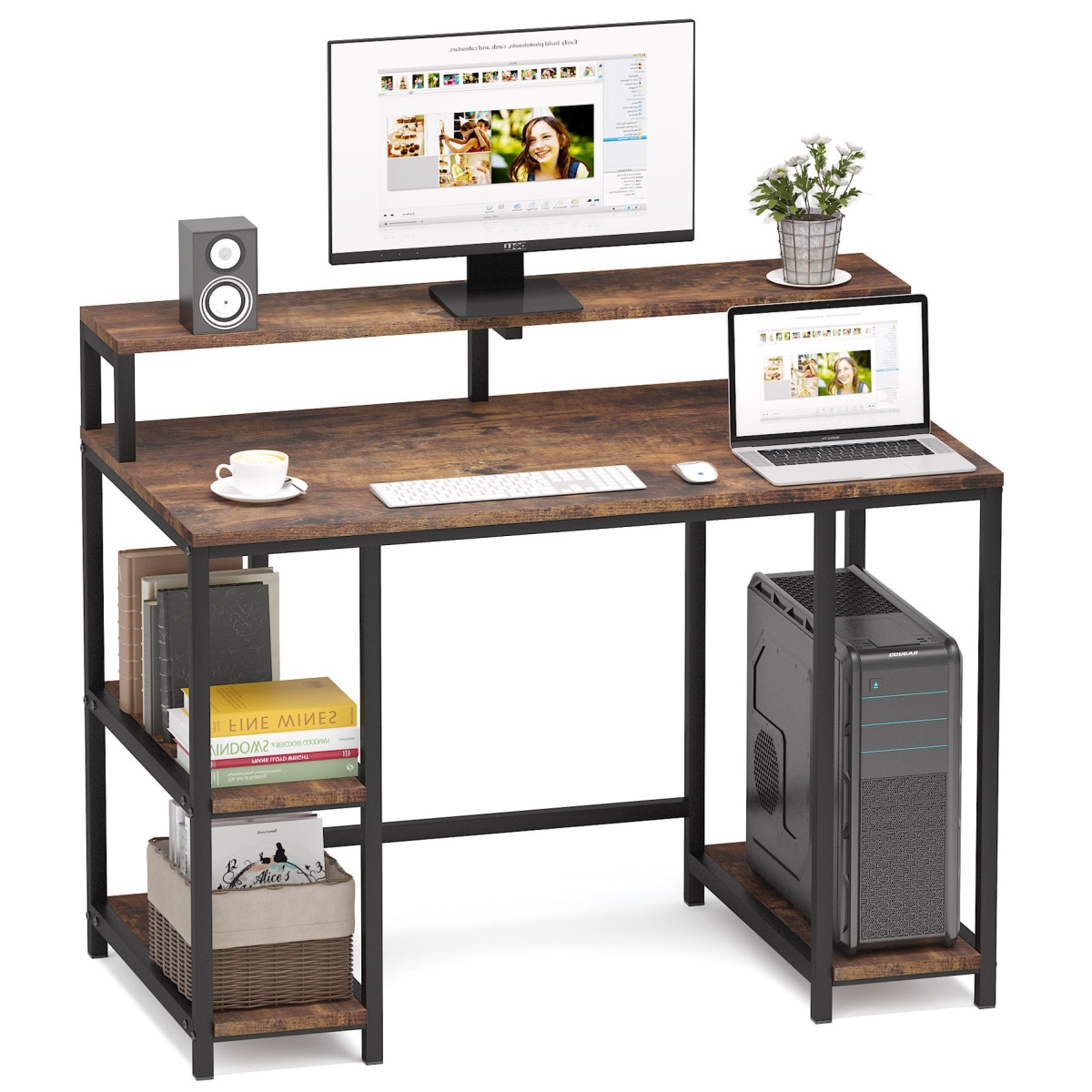 Computer Desk, Industrial Writing Desk with Storage Shelves - Image 1
