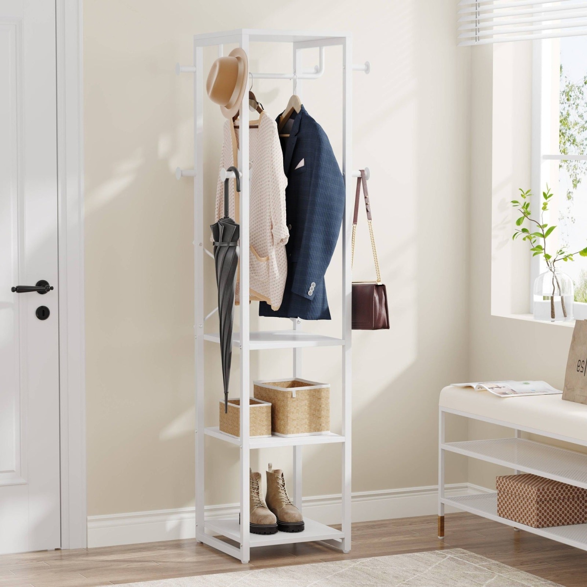 Coat Rack, Freestanding Corner Hall Tree with 4 Shelves 8 Hooks - Image 8