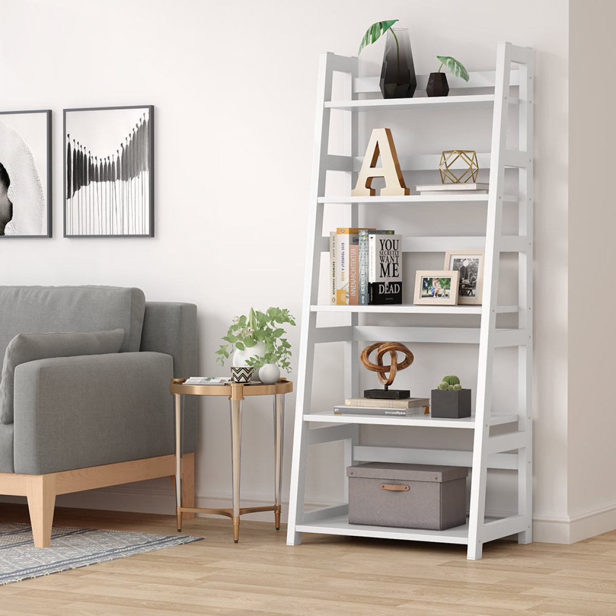 Bookshelf, 5-Tier Ladder Bookcase Etagere Storage Shelf - Image 4