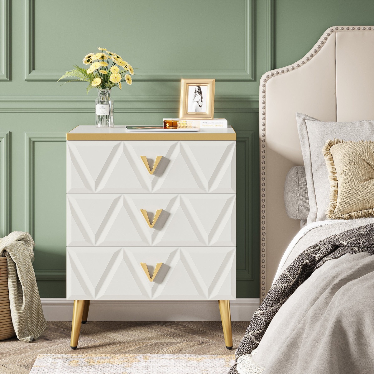 Nightstand, Modern Wooden Bedside Table with Three Drawers - Image 5