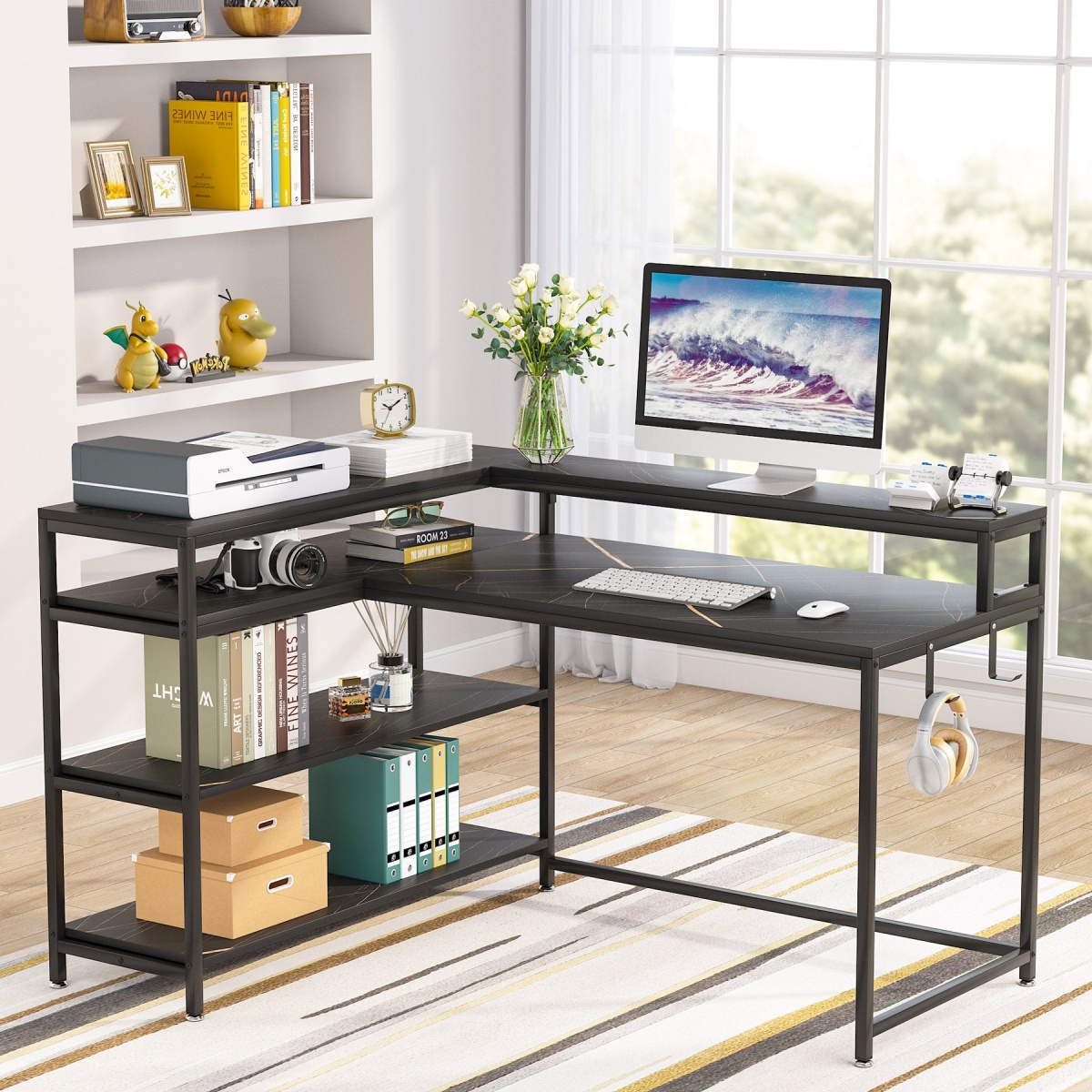 L-Shaped Desk, 53? Reversible Corner Desk with Shelves and Monitor Stand - Image 4