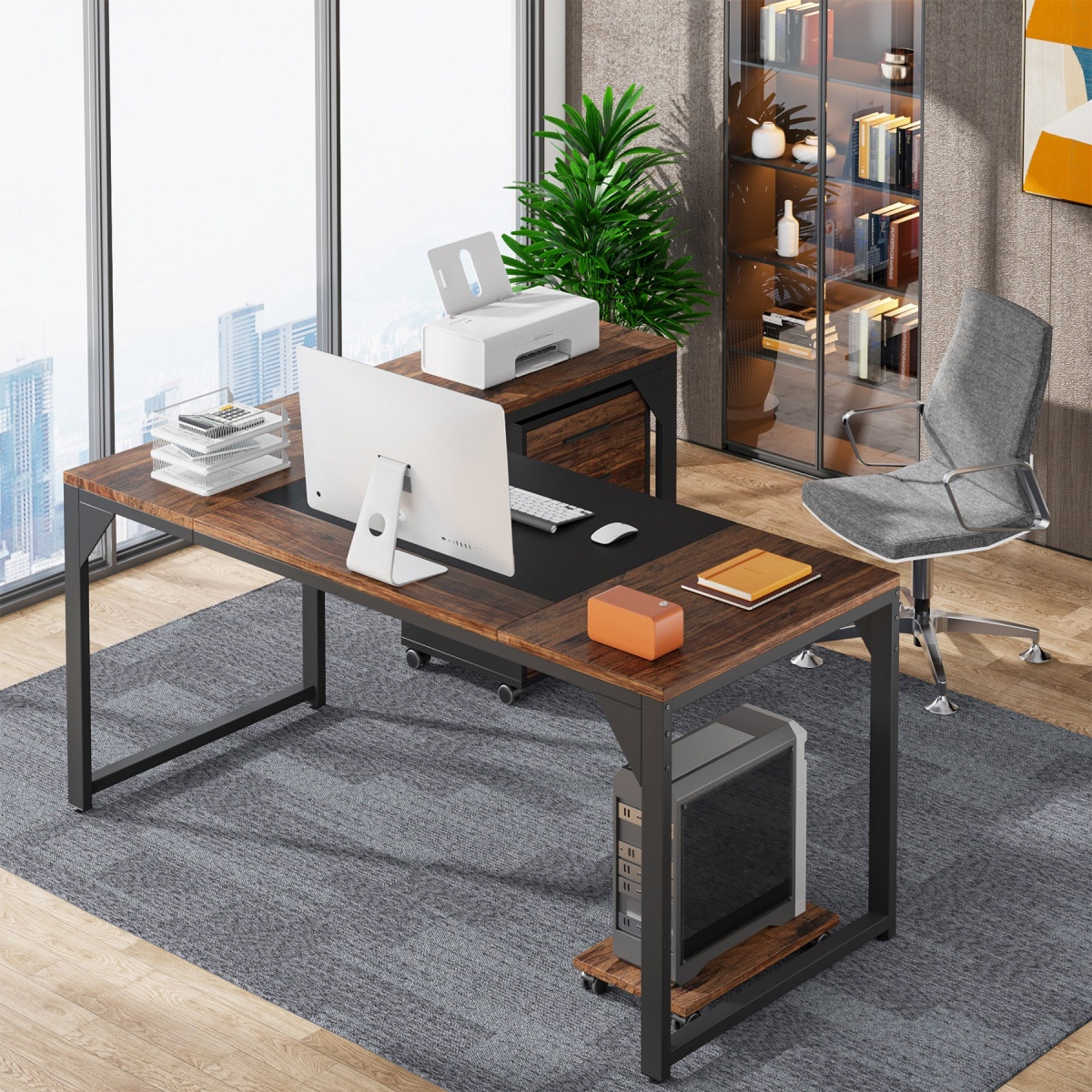 L-Shaped Desk, 63? Executive Computer Desk with Mobile File Cabinet - Image 5