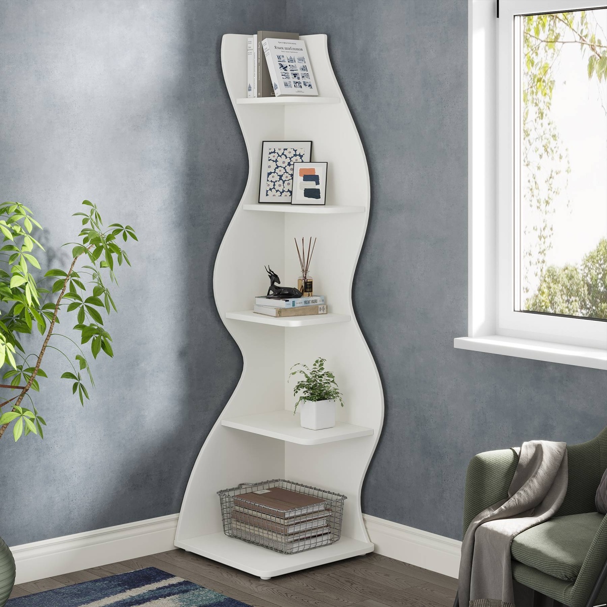 Corner Shelf, Modern 5-Tier Wall Corner Bookshelf Bookcase - Image 1
