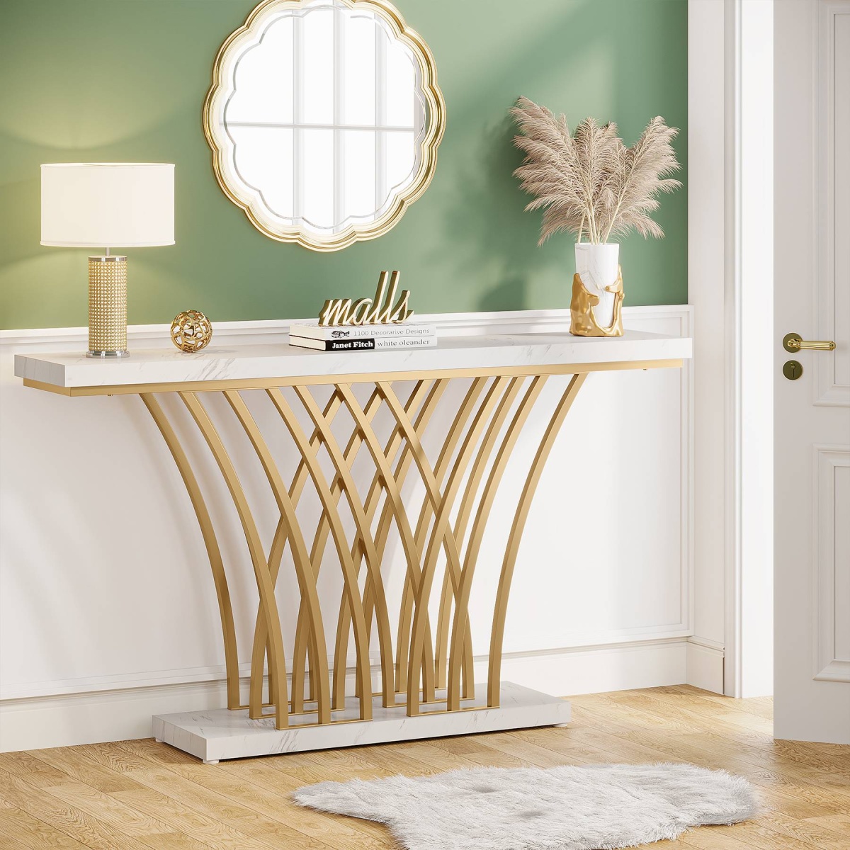 Console Table, 59 ? Faux Marble Entryway Table with Geometric Metal Base - Image 4