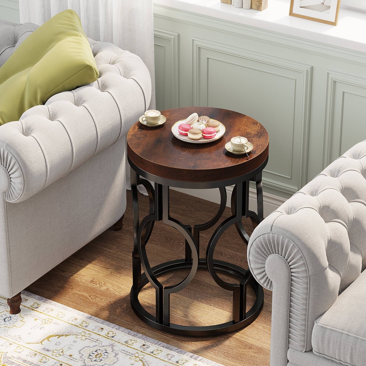 Round End Table, Industrial Side Table with Metal Hollow Frame - Image 4