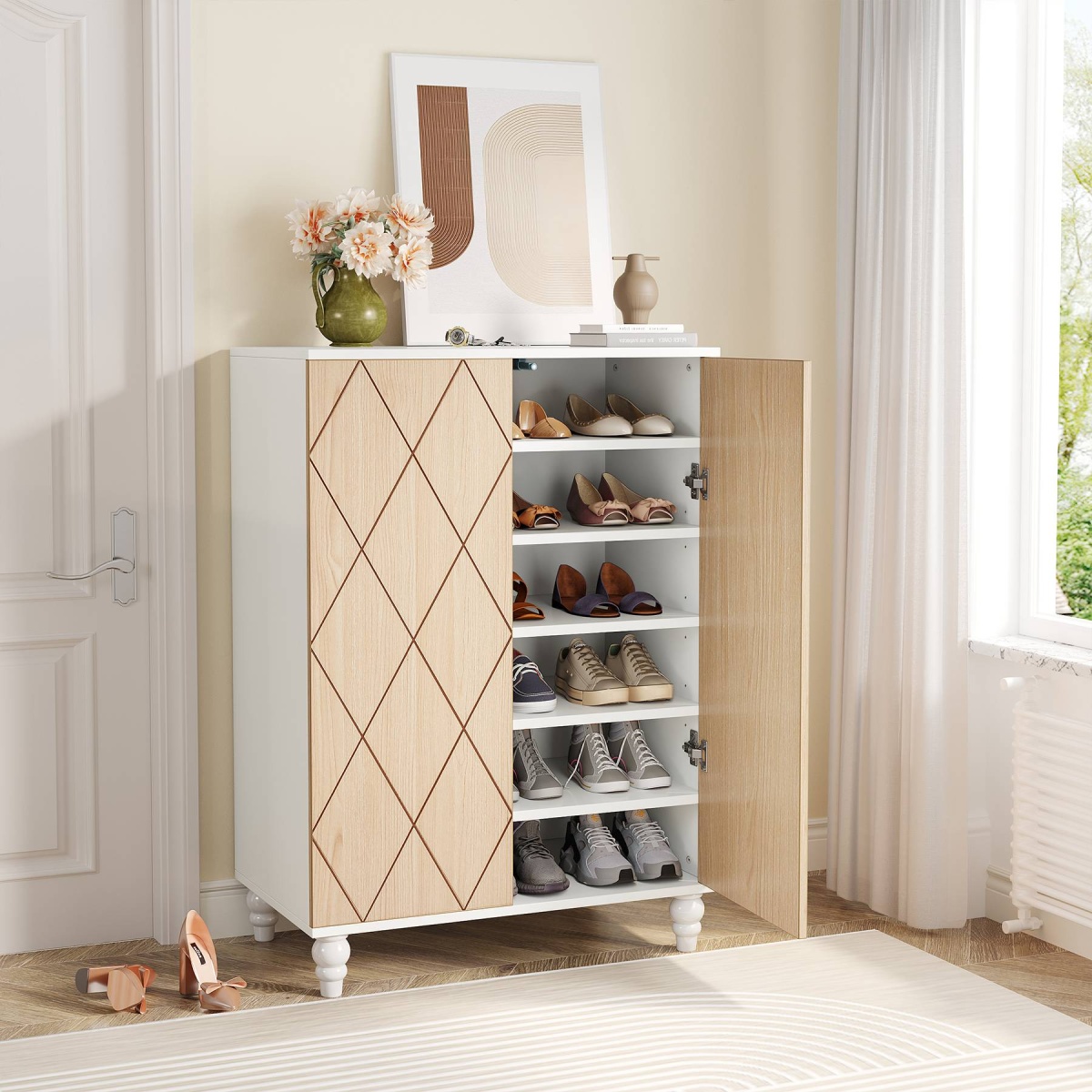 Shoe Cabinet, 2-Door Shoe Organizer Cabinets with Solid Wood Legs - Image 4