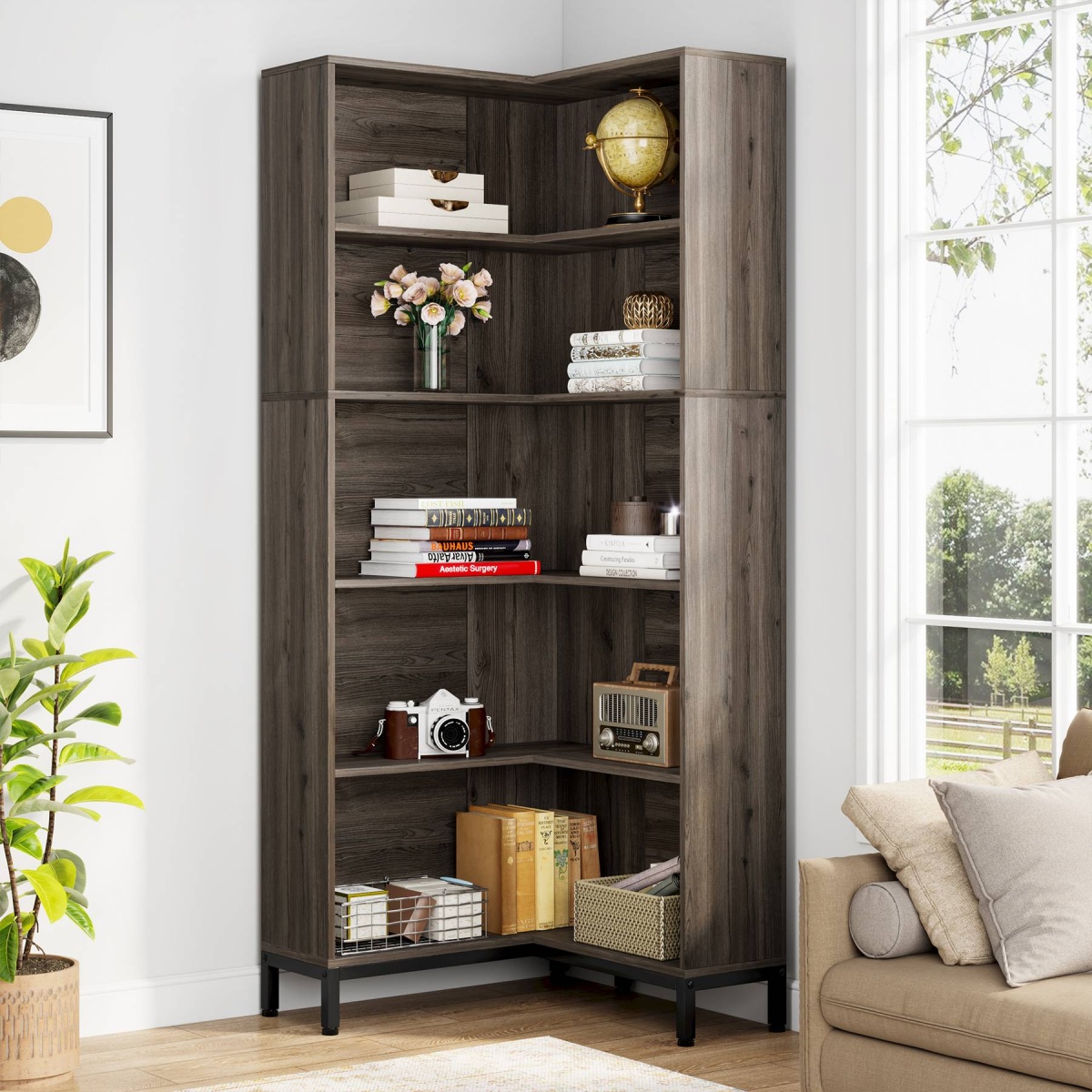 Corner Bookcase, 71 inch 6-Tier L-Shaped Etagere Bookshelf - Image 4