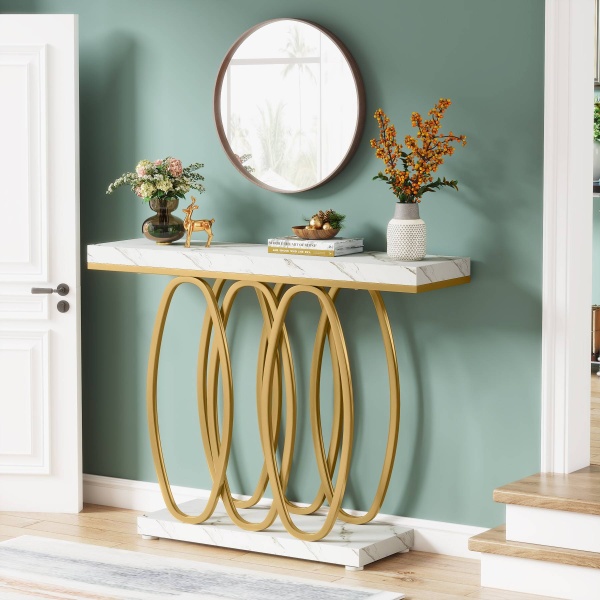 Console Table, 39.37? Faux Marble Sofa Table Geometric Metal Legs
