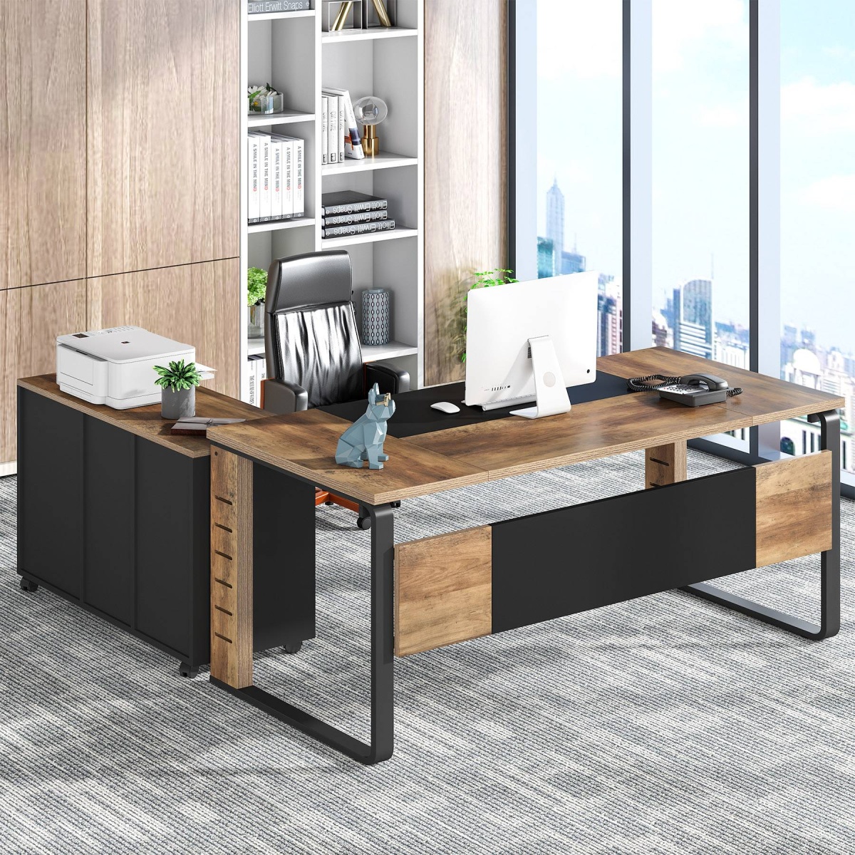 L-Shaped Desk, 59? Executive Office Desk with Lateral File Cabinet - Image 5