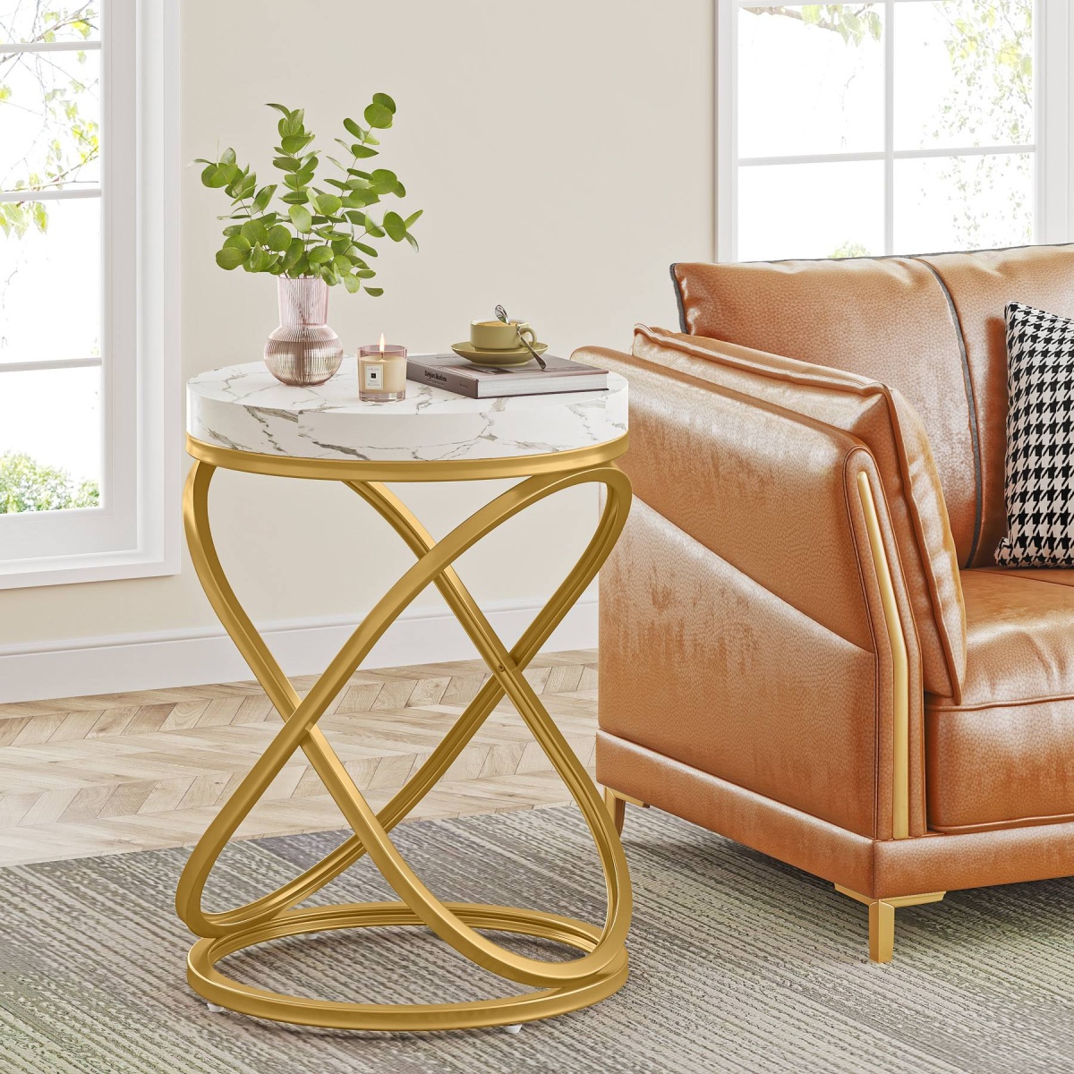 End Table, 26? Tall Round Sofa Side Table with Faux Marble Top - Image 4