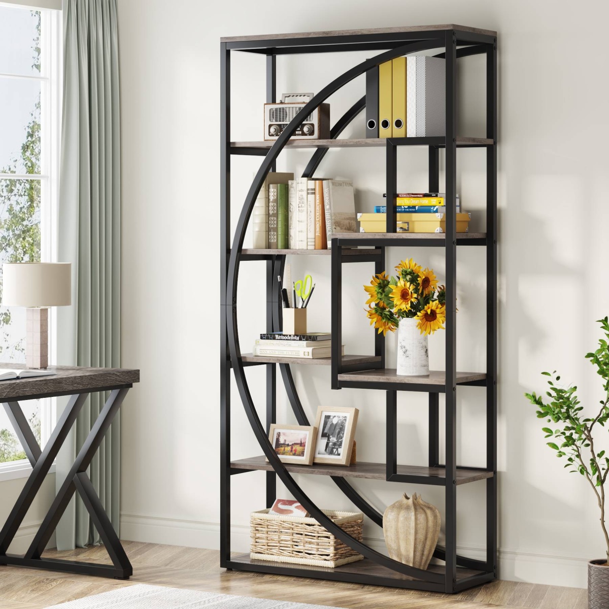 Bookshelf, Industrial Bookcase with 8 Open Storage Shelf - Image 1