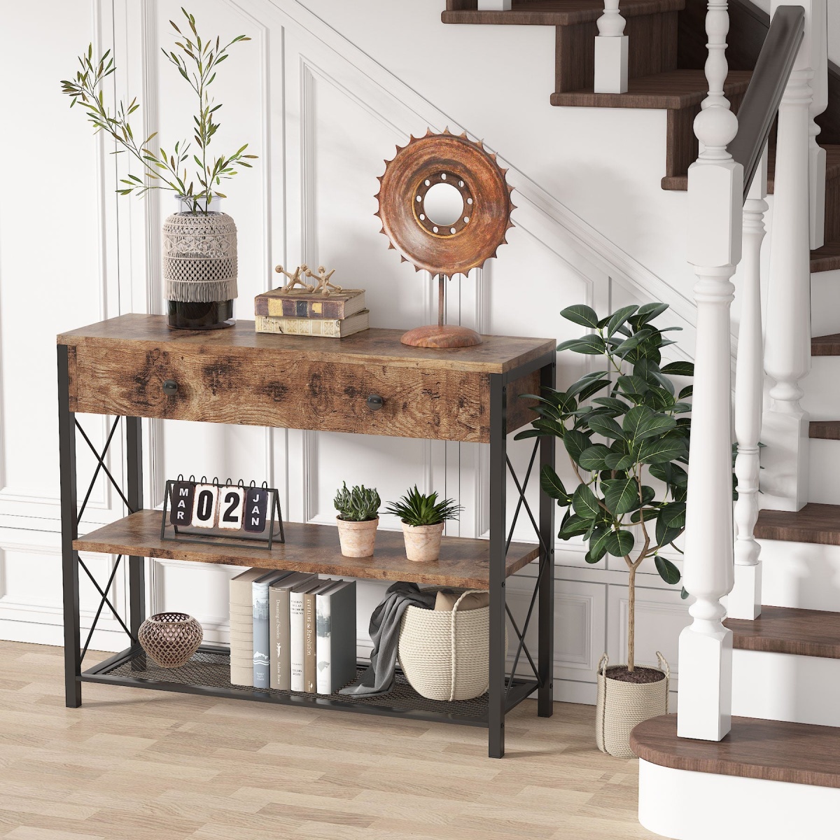 Console Table, Rustic Sofa Side Table With Drawer & 2-Tier Storage Shelves - Image 5
