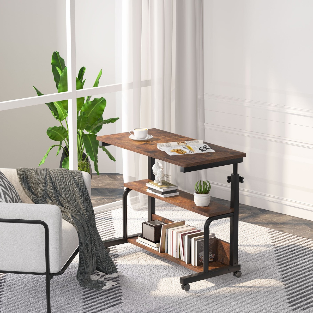 C Table, Height Adjustable Bedside Sofa Table with Wheels - Image 4