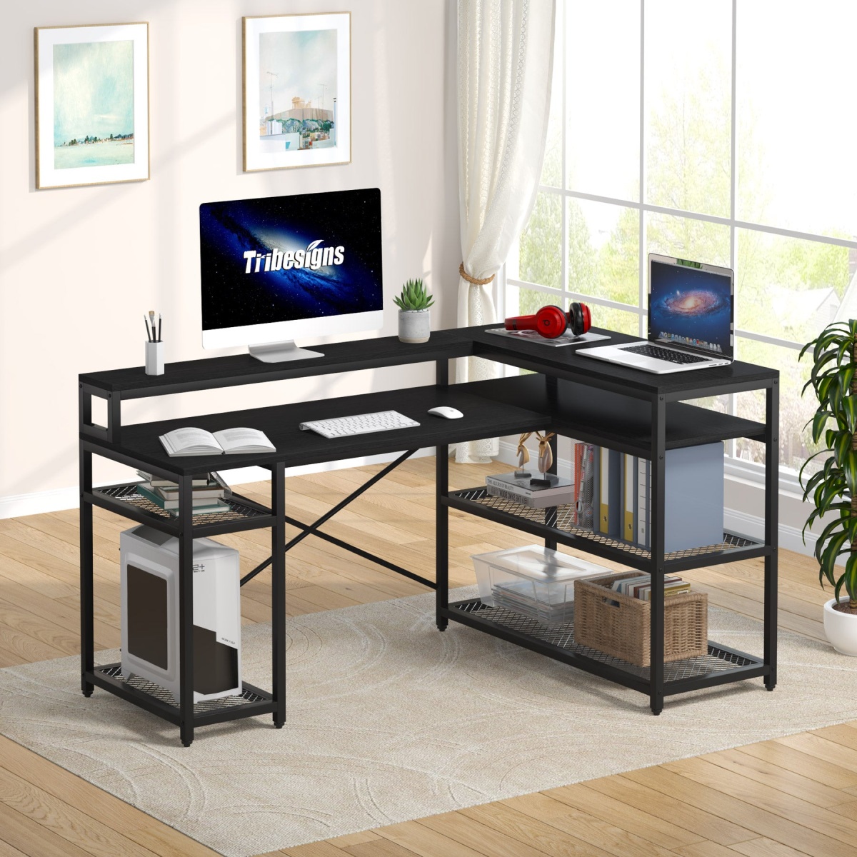 L-Shaped Desk, 59? Corner Computer Desk with Storage Shelf - Image 9