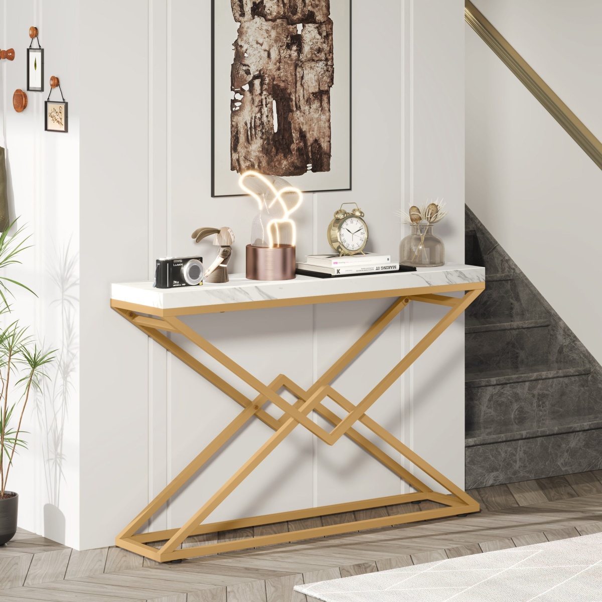 Console Table, 42? White Faux Marble Sofa Table Behind Couch - Image 4