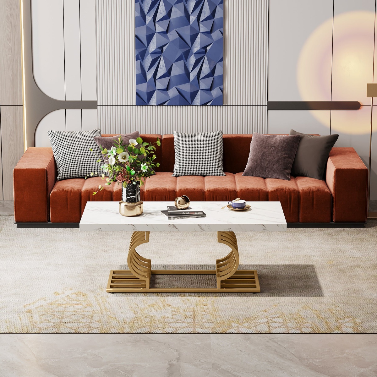 Coffee Table, 47? Faux Marble Cocktail Table with Geometric Frame - Image 5