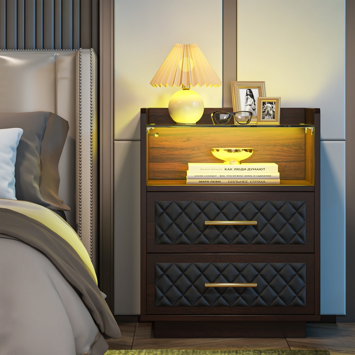 Nightstand, 2 Drawers Beside Table with LED Lights and Shelves - Image 4