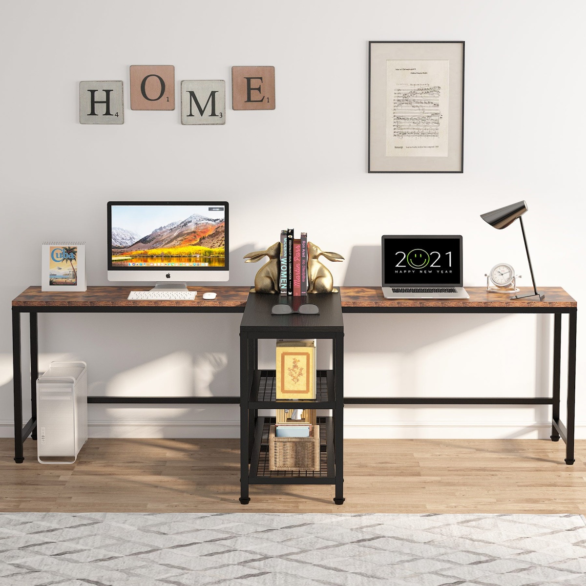 Two Person Desk, 94.5? Double Computer Desk with Shelves - Image 5