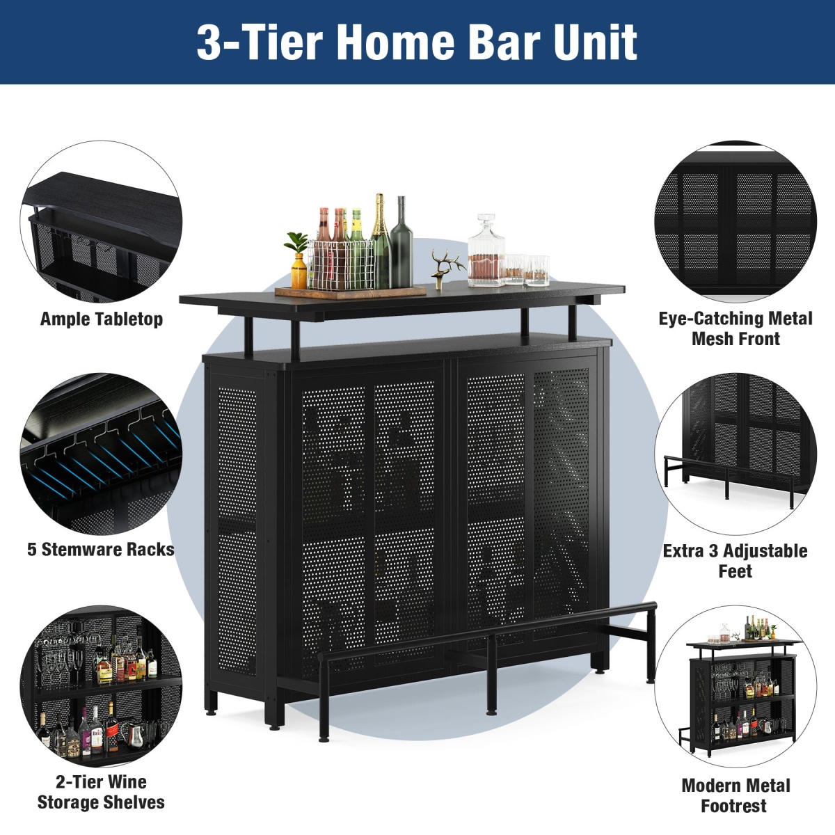 Bar Unit, 3 Tier Liquor Home Bar Table with Stemware Racks - Image 7