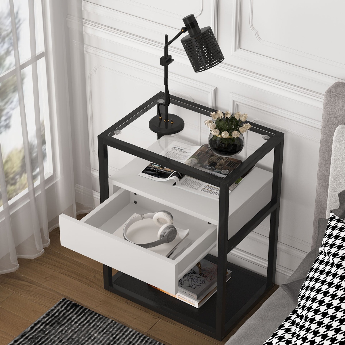 Nightstand, Modern Side End Table with Drawer and Shelf - Image 6