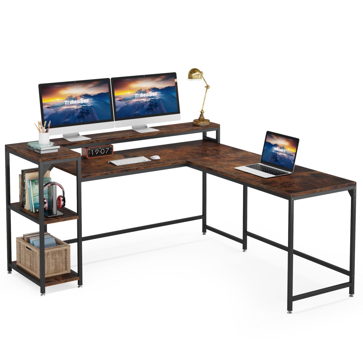 L-Shaped Desk, Corner Computer Desk with Monitor Stand & Shelves - Image 1