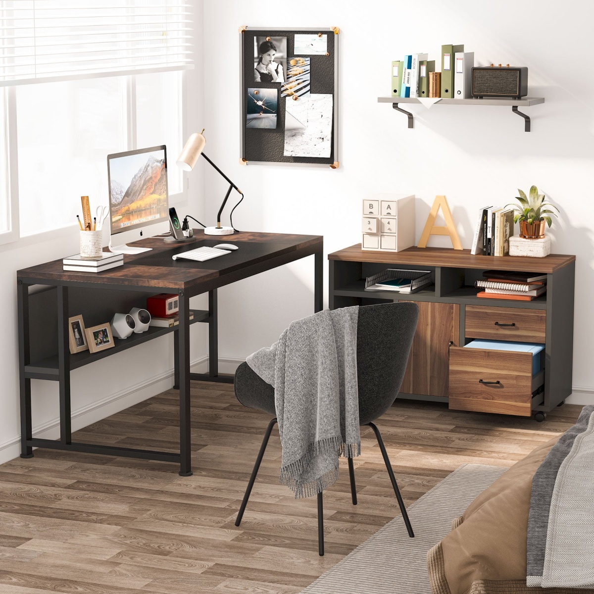 L-Shaped Desk, 55? Executive Computer Desk with File Cabinet & Power Outlet - Image 5