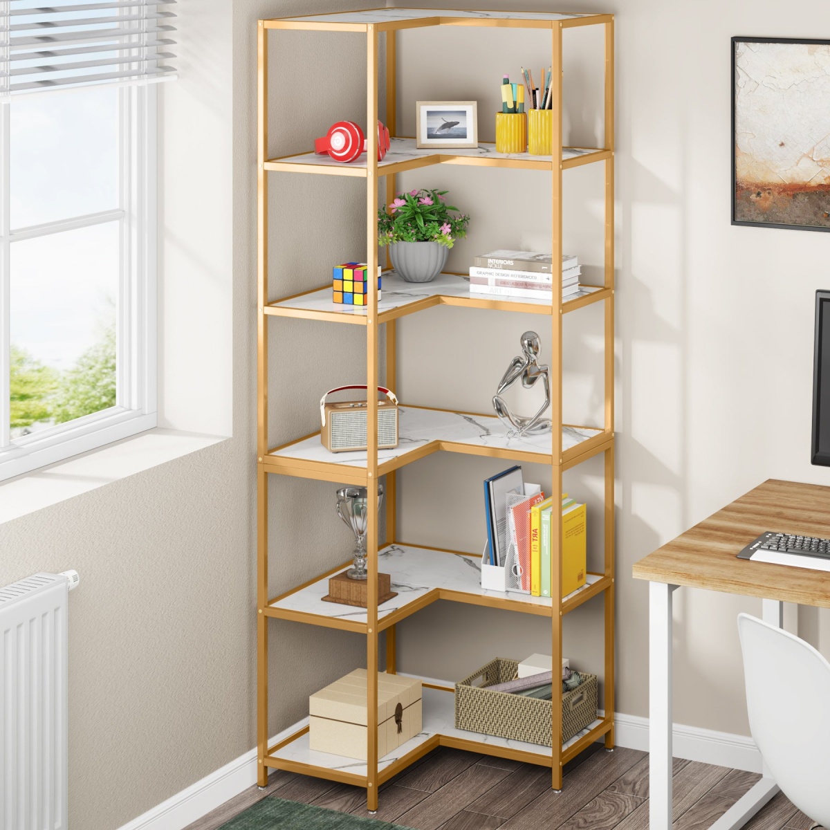 Corner Bookshelf, 70.5? L-Shaped 6-Shelf Etagere Bookcase - Image 6