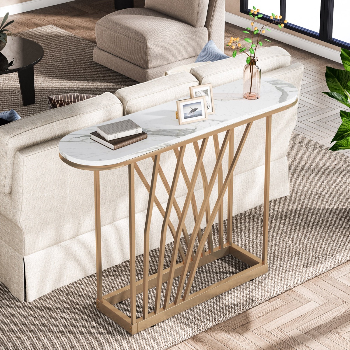 Console Table, 43? Modern Sofa Couch Table with Faux Marble - Image 6