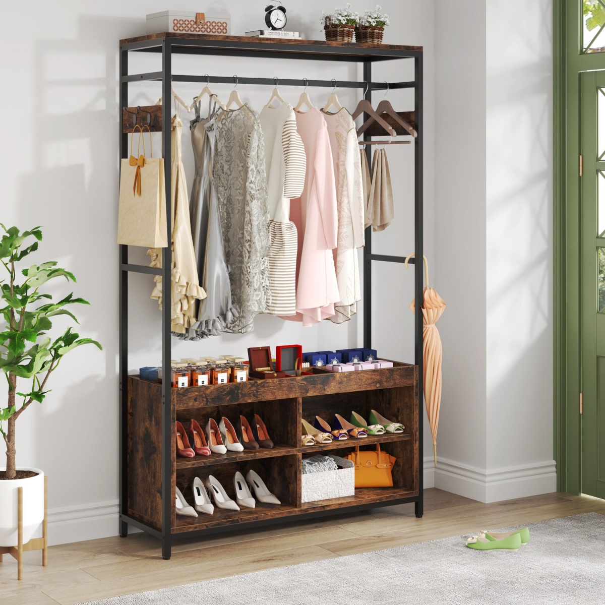 Coat Rack, Entryway Hall Tree Garment Rack with Shoe Storage - Image 4