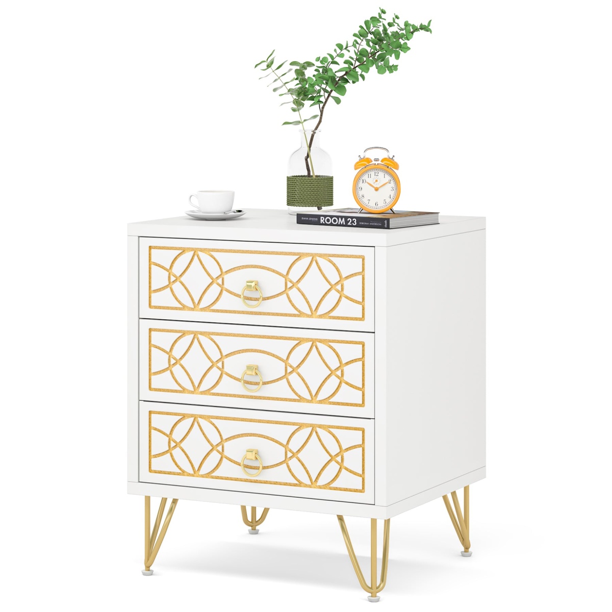 Nightstand, Modern Bedside Table Sofa End Table with 3 Drawers - Image 1