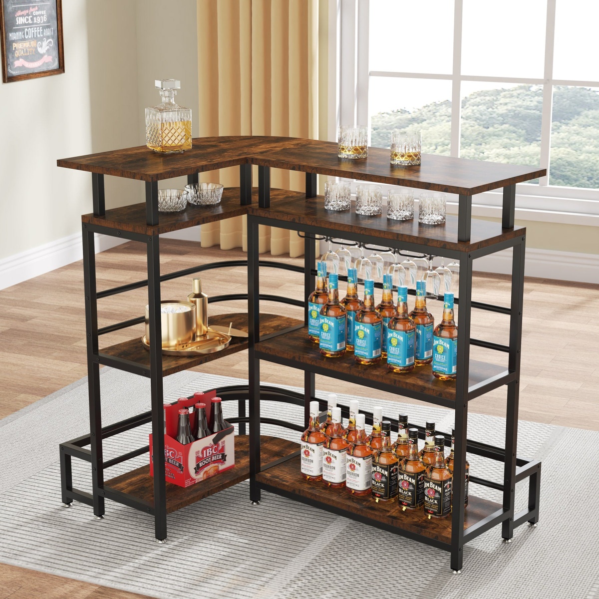 Bar Unit, L-Shaped Liquor Bar Table with 4 Tier Shelves & 4 Glass Holders - Image 4