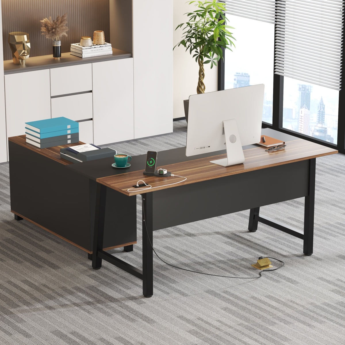 L-Shaped Desk, 70.9? Computer Desk with Power Outlet and File Cabinet - Image 4