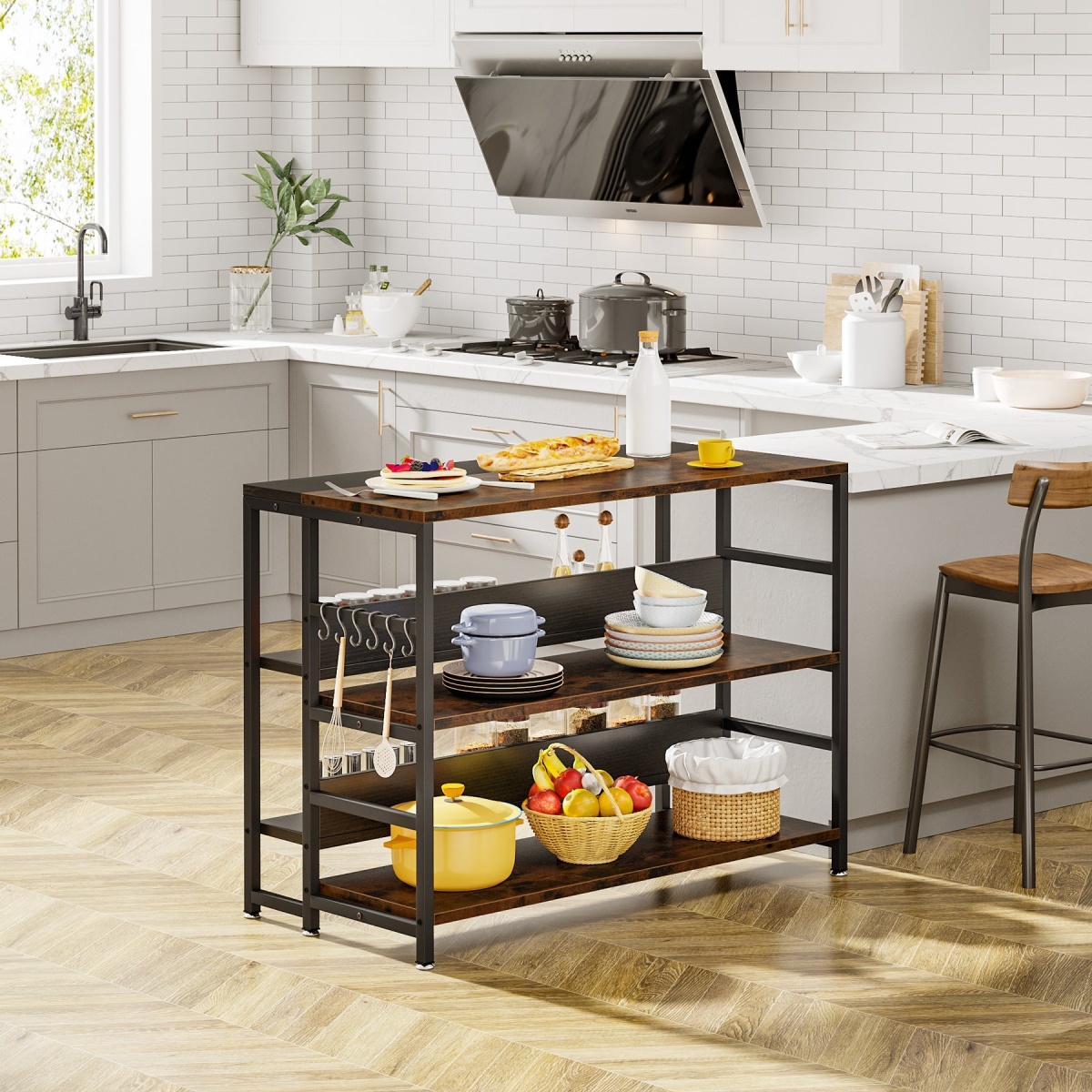 Kitchen Island, Industrial Baker?s Rack Table with 5 Storage Shelves - Image 4
