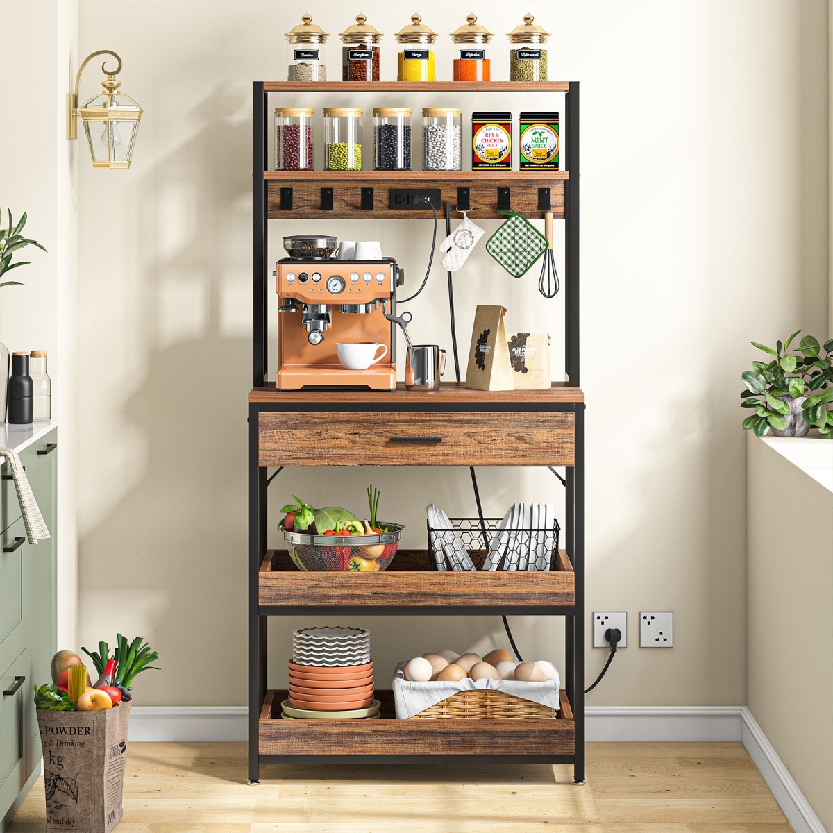 5-Tier Kitchen Baker?s Rack with Power Outlets, Drawer & Sliding Shelves - Image 6