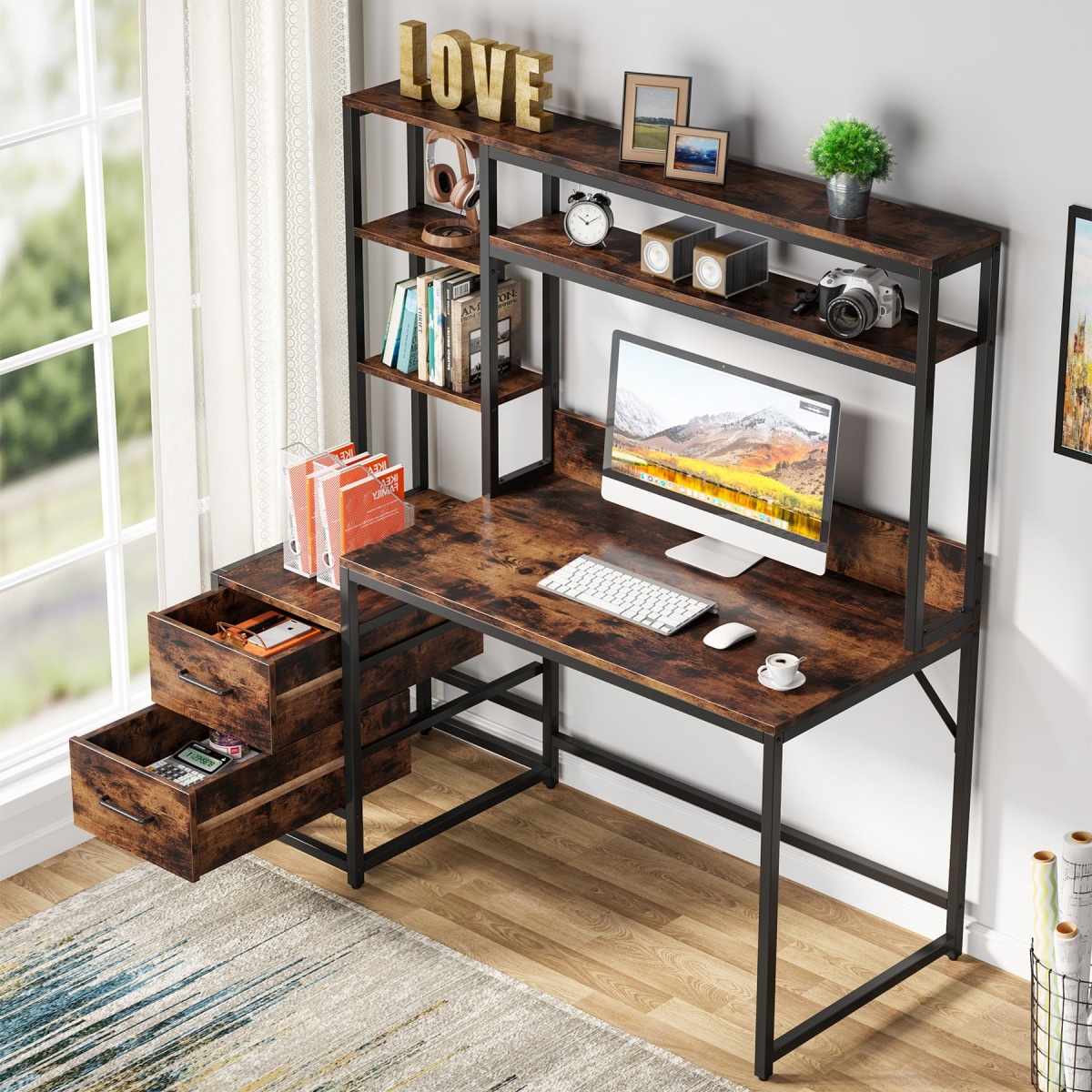 Computer Desk, 55? Writing Table with 2 Drawers and Storage Shelves - Image 5