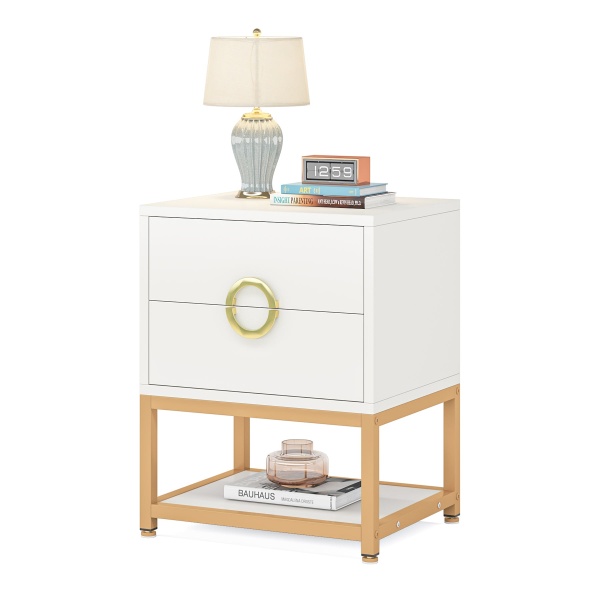 Nightstand, Sofa Side Table with 2 Drawers and Storage Shelf