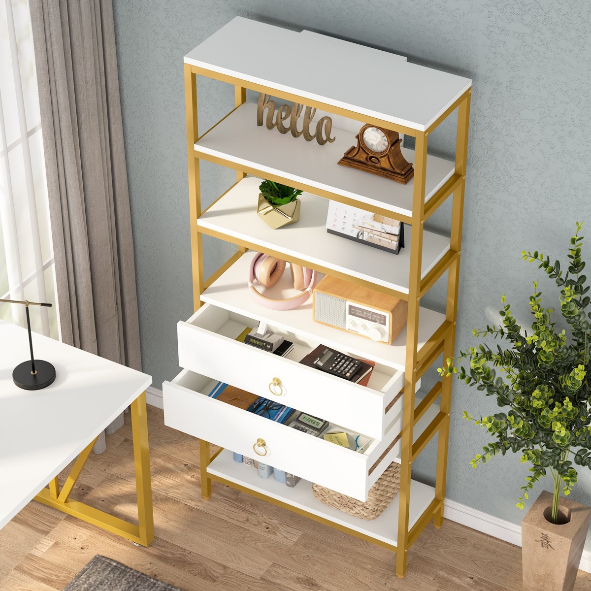 Bookshelf, 5-Tier Bookcase with 2 Drawers & LED Light - Image 5