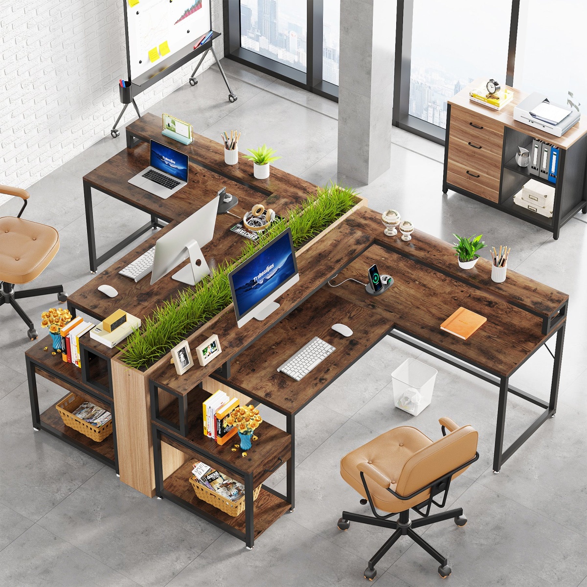 L-Shaped Desk, Corner Desk with Power Outlets, Monitor Stand & Drawer - Image 4