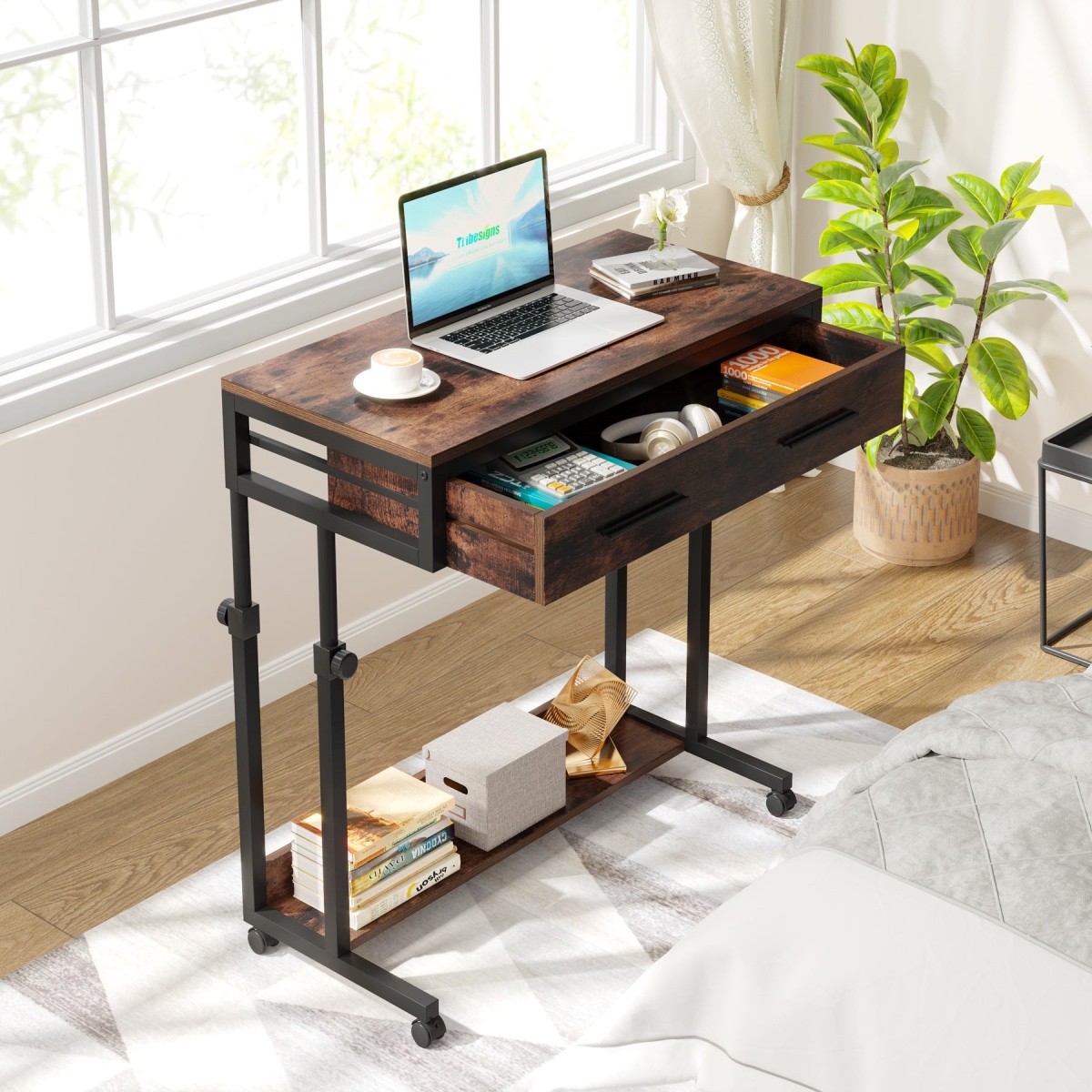 Height Adjustable Desk, Mobile Side Table Portable Desk with Drawers - Image 5