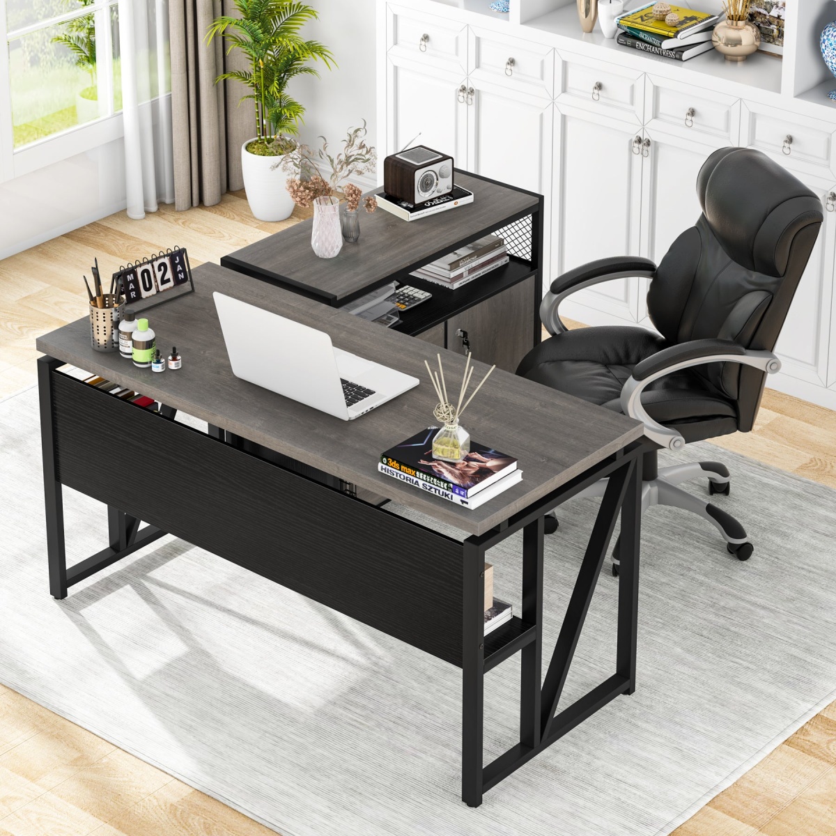 L-Shaped Desk Set, 55? Executive Desk and 32? File Cabinet - Image 9